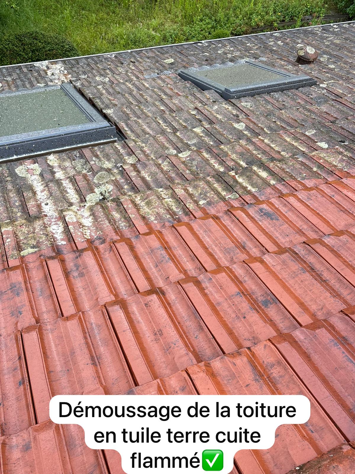 démoussage toiture en tuile terre cuite flammé